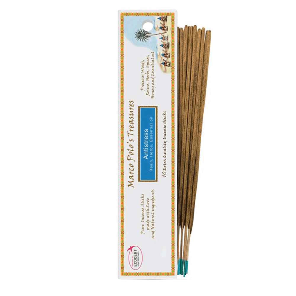 FIORE D'ORIENTE - MARCO POLO - ANTISTRESS füstölőpálcika 10 db/csomag - Florasense 100% természetes, ECOCERT/ICEA minősített masala pálcika afrikai tömjénnel és Palo Santo-val - meleg, balzsamos illat